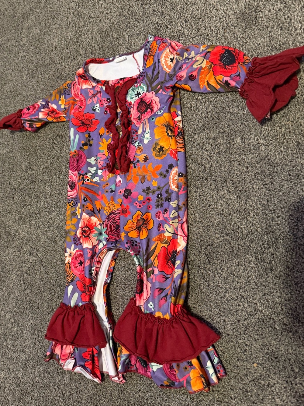 Girls Floral Ruffle Romper in Purple and Burgundy 6-12